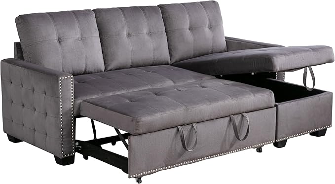 Merax 76.8 Pull Out Sleeper Reversible Sectional Storage Sofa BedConvertible Velvet Corner Sofa Bed and Reversible Storage Chaise L-Shaped Sleeper Sofa for Living RoomDark Gray