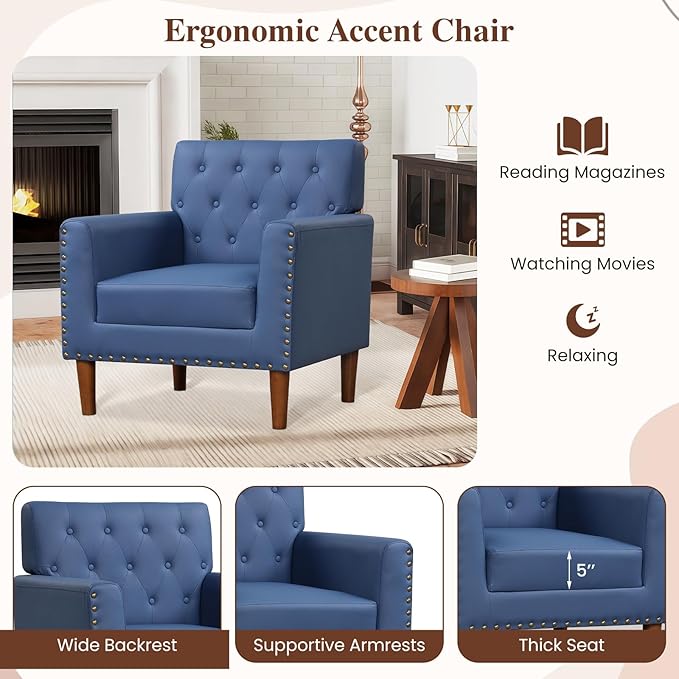 KOMFOTT Mid Century Modern Accent Chair Faux Leather Upholstered Armchair with Button Tufted Decoration &amp Rivets Rubber Wood Legs Soft Padded Seat Cushion Single Sofa for Living Room Home (Bl