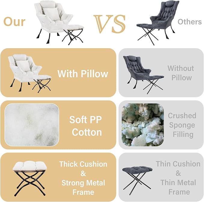Lazy Chair with Ottoman Comfy Reading Lounge Chair with Footstool &amp Throw Pillow Modern with Armrests &amp Side Pocket for Living Room Bedroom Dorm Room Beige
