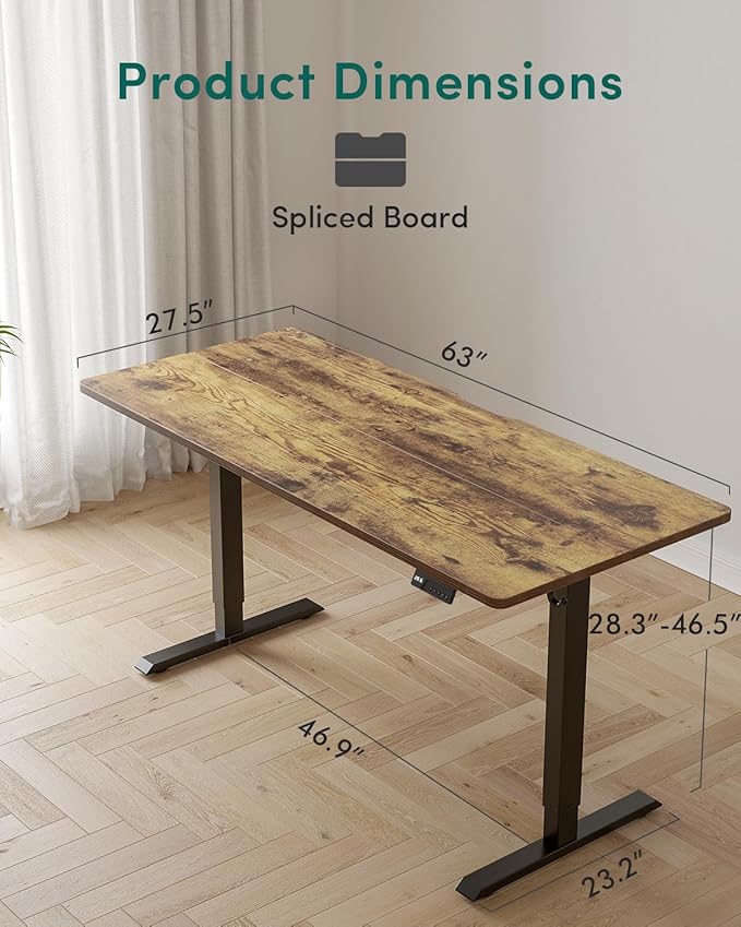 CubiCubi 63 x 28 Large Standing Desk Height Adjustable Electric Computer Desk 28 Deep Desktop Sit Stand up Home Office Workstations with 4 Preset Heights Rustic Brown