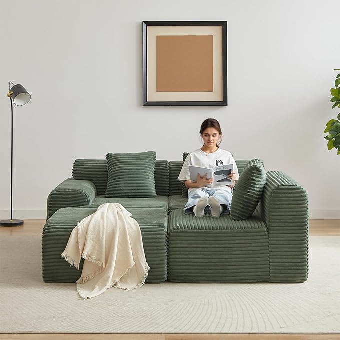 114-inch Oversized Modular Sectional Sofa Fluffy Boneless Compressed Memory Foam Corduroy Couch Comfy Modern L Shaped Couches with Ottoman &amp Pillows for Living Room Apartment Bedroom Green