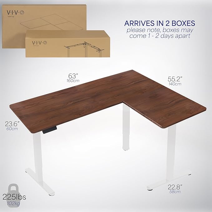 VIVO Corner Standing Desk 63 x 55 inch Reversible L-Shaped Workstation Electric Height Adjustment Home Office and Reception Rooms Dark Walnut Table Top White Frame DESK-E3CTWD