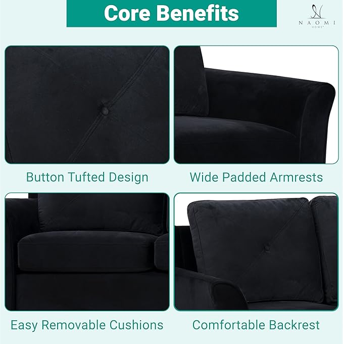 Naomi Home Raelynn Button Tufted Sofa Affordable Black Modern Sofa - Microfiber Couch for Small Spaces Cama para Sala Modernos Baratos - Durable Sturdy Living Room Furniture Tool - Free Assembly