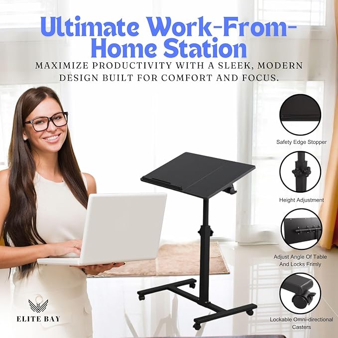 Adjustable Work-from-Home Working Station – Compact Mobile Desk with MDF Tabletop &amp Steel Frame | Height Adjustable 58–90cm | Space-Saving Design | Black Finish | Ideal for Small Spaces Uses