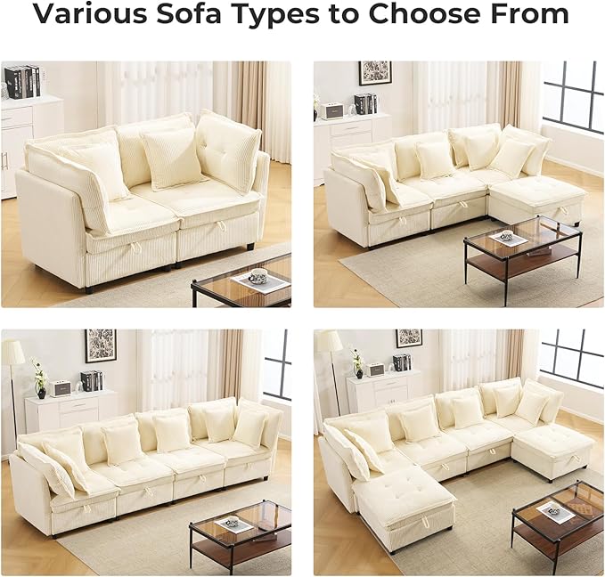 103 Modular Sectional Sofa L-Shaped Corduroy Comfy Sectional Couches for Living Room 3-Seater Cloud Couches with 1 Ottoman Modern Deep Seat Sofa with Large Storage Corduroy Beige