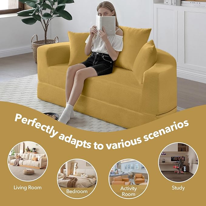 Round Boneless Couch Corduroy Upholstered Folding Convertible Sofa Bed with Pillows 2-in-1 Futon Sofa Bed with Half-Circle Design Comfy Loveseat for Living Room Apartment (Yellow)