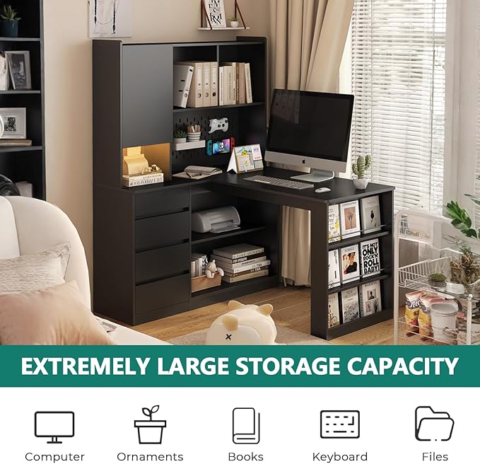 Anwick L Shaped Desk with Hutch Corner Computer Desk with Charging Station &amp Bookshelf &amp File Drawer Standing L Shape Desks for Home Office Bedroom Gaming Room Study Room (Black)