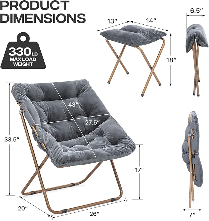 Cozy Saucer Chair Living Room Chair Faux Fur Soft Thick Padded Folding Chair Comfortable Square Moon Chair for Living Room Bedroom Reading Nook Modern Style 2 Pack Gray