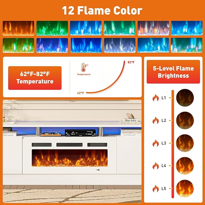 MXV 80 Fireplace TV Stand Modern Entertainment Center &amp 36 Inch Electric Fireplace with Remote Control LED Light Fire Place Tv Stand for Living Room for TVs up to 90 White + White