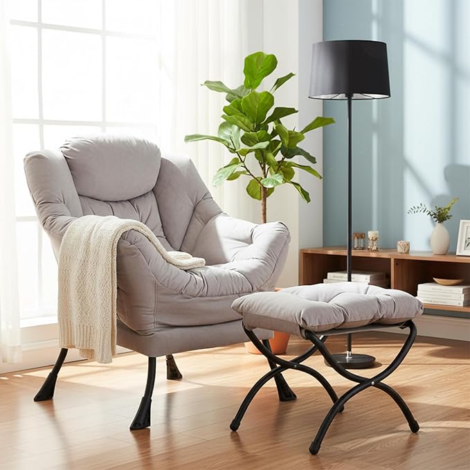 Welnow Lazy Chair with Ottoman Modern Accent Chair with Armrests and a Side Pocket Leisure Sofa Armchair Reading Armchair with Footrest for Small Space Light Grey