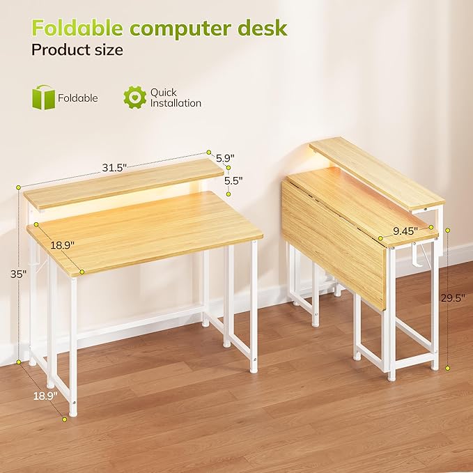Folding Desk for Small SpaceFoldable Computer Desk with Monitor Stand31.5 Inch Small Desk with LED Lights for Bedroom Home OfficeWriting Work Office Computer Desk with HooksOak