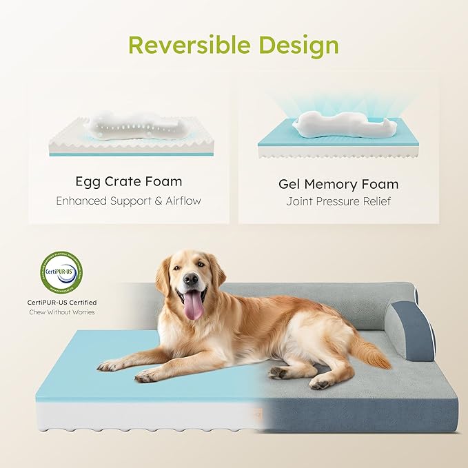 XXL Orthopedic Dog Bed Big Dog Bed for Large Dogs Dual-Sided Pet Cooling Beds with Memory Foam Washable Cover Nonslip Bottom Waterproof Pet Couch with Bolsters Dark Grey