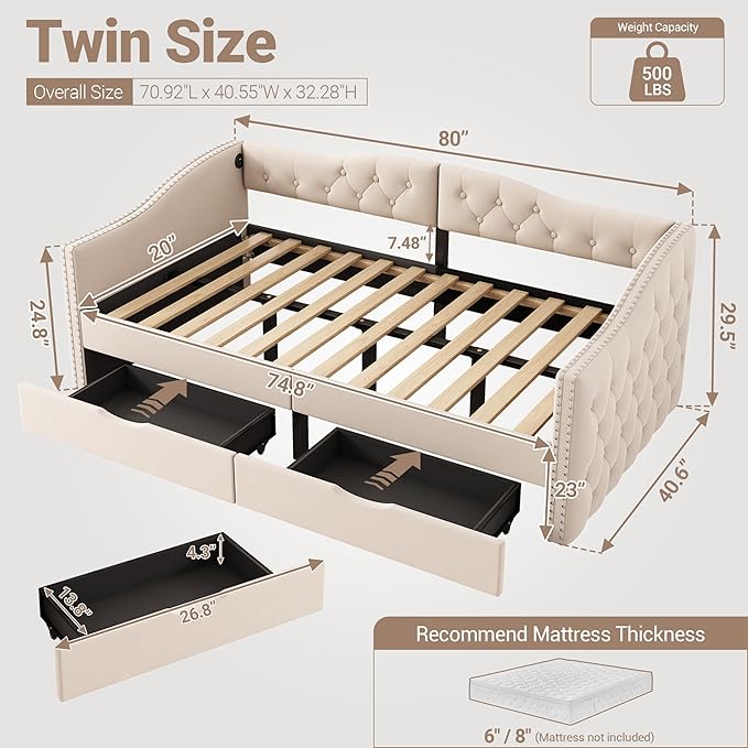 Twin Daybed with Storage Drawers Twin Size Velvet Upholstered Sofa Bed Frame w/USB Port Button Tufted Backrest and Nailhead Daybeds for Living Room Bedroom No Box Spring Needed (Beige)