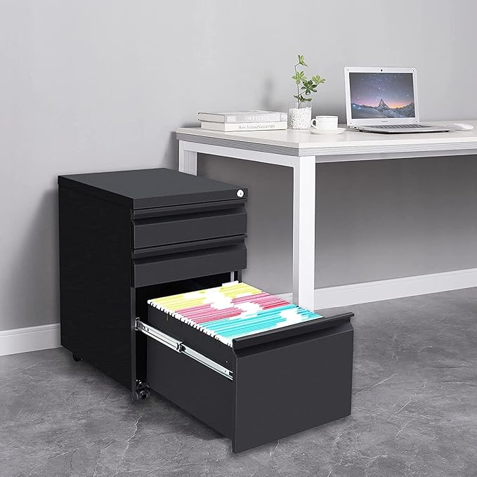 3 Drawer Mobile File Cabinet with Lock Under Desk Metal Filing Cabinet for Legal/Letter/A4 File Installation Required (Black)