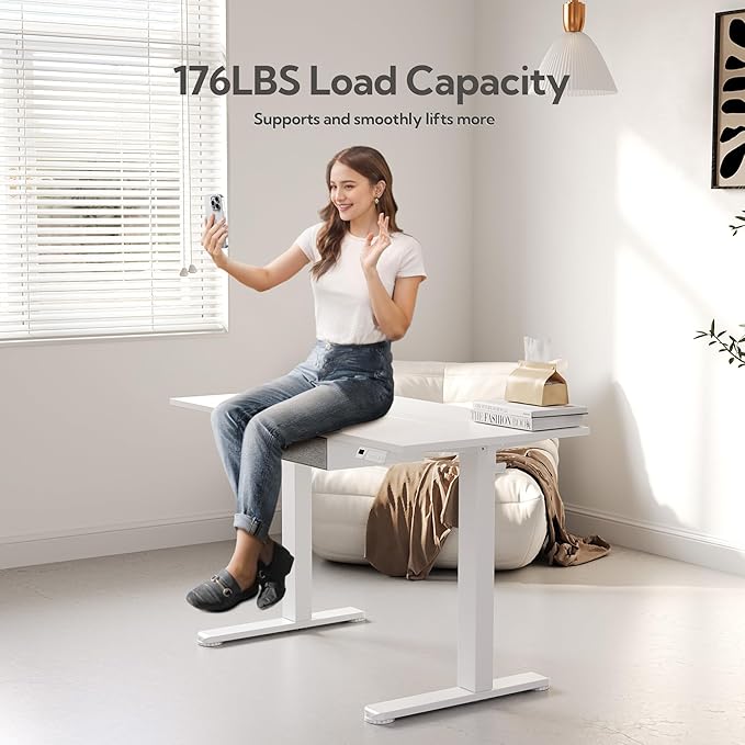 Seang Standing Desk with Drawer 40 x 24 Height Adjustable Stand Up Desk 3 Memory Height Settings with Cable Grommets &amp Storage Hooks Ideal for Home &amp Office White
