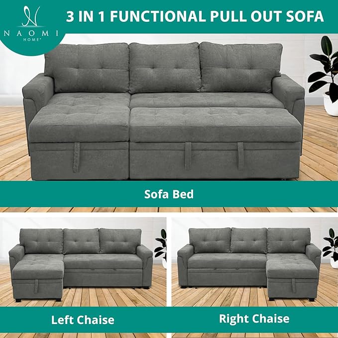 Naomi Home Laura Reversible Sleeper Sectional Sofa Storage Chaise Gray/Velvet