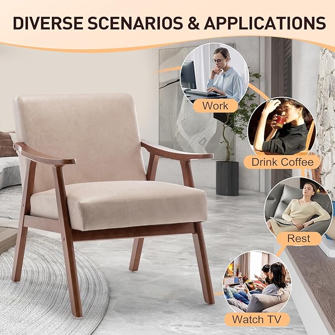 Mid Century Modern Accent Chair with Solid Wood Frame Fabric Microfiber Upholstered Armchair for Bedroom Reading Room Living Room and Lounge Light Camel