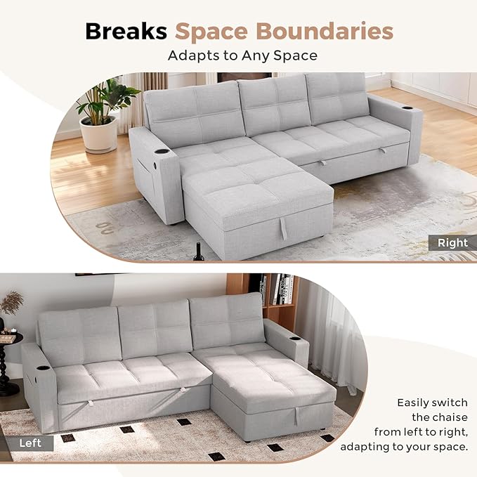85 inch Large Sleeper Sofa Bed with StorageL Shaped Sectional Couch Bed2 in 1 Pull Out Couches with Convertible ChaiseUSB ChargingCup Holders and Side Pockets Gray