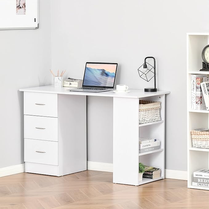 47-inch Computer Gaming Desk with Bookcase Combo Home Office Desks with 3 Drawers and Storage Shelf Wood Craft Study Table Workstation for BedroomWhite