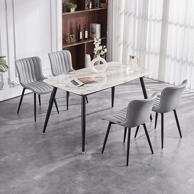 YOUNUOKE Mid-Century Modern Dining Chairs Set of 2 Grey PU Leather Upholstered Kitchen Chairs with Black Metal Legs Armless Accent Chair for Dining Room Guest Reception Room