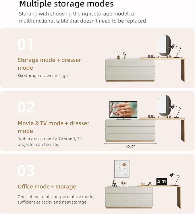Modern Expandable L-Shaped Corner Vanity Desk with 6 Drawers Adjustable Computer Table for Home Office Study Writing Gaming and Bedroom Makeup Beige 56-98.5 ″