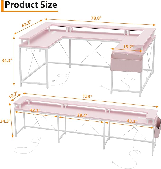 U-Shaped Gaming Desk with Power Outlets &amp LED Lights - Reversible L-Shaped Computer Desk for Home Office | Large Corner PC Table with Monitor Stand &amp Storage Shelves Pink