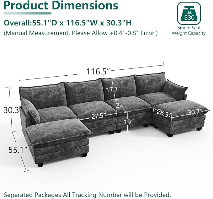 Modular Sectional U Shaped Sofa Couches for Living Room Cloud Couch with Movable Ottoman Comfy Chenille Sofa with Pillow for Bedroom and ApartmentDark Gray