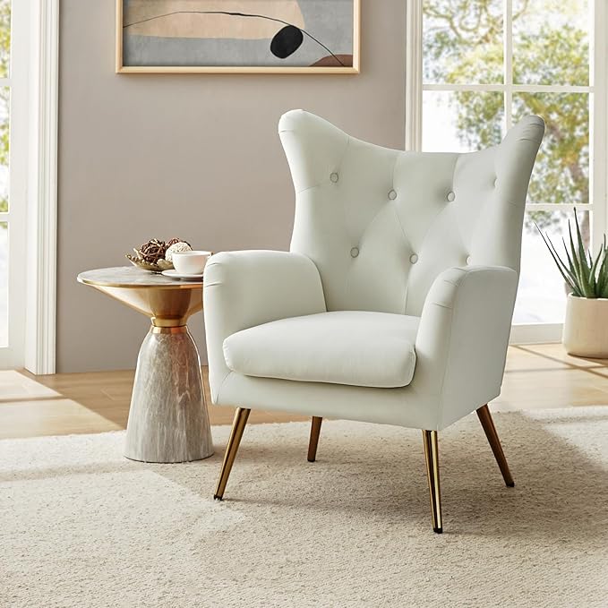 HULALA HOME Velvet Accent Chair Set of 2 Modern Wingback Arm Chair with Metal Gold Legs Velvet Tufted Upholstered Single Sofa(Ivory)