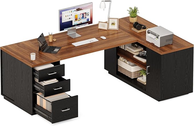 LITTLE TREE 87-Inch Modern Executive Desk with File Cabinet Large Home Office Desk with Drawers 3-Drawer Wooden File Cabinet Spacious Workstation for Home Office (Brown &amp Black)