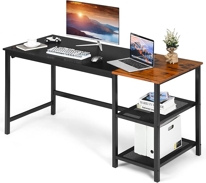 COSTWAY 59” Computer Desk with 2 Removable Storage Shelves Industrial Writing Workstation with Headphone Hook for Home Office Gaming Desk (Black)