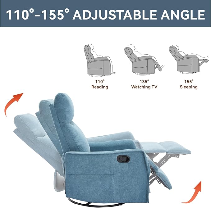 Heat Massage Manual Recliner Chair with Rocker and Swivel in Fabric for Living Room Blue