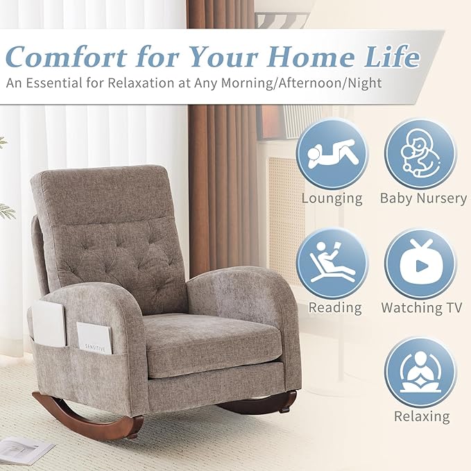 VINGLI Chenille Low Seat Rocking Chair Upholstered Nursery Glider Chair with Side PocketsAccent Arm Chair with High BackrestComfy Head Rest and Solid Wood Base For Living Room Bedroom BalconyGrey