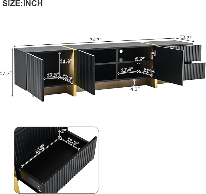 Merax Luxury Fluted TV Stand for Televisions Up to 80'' Modern Entertainment Center with Storage Cabinets &amp Drawers and Golden Wood Grain Legs Smooth Media Console for Living Room Black