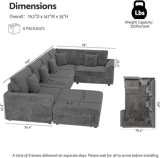Oversized Modular Sectional Sofa with Storage Modern Sleeper Sofa Extra Deep Seat Comfy Corduroy Cloud Couch with Ottoman and 5 Pillows for Living Room (U Shape Sectional with Storage Grey)