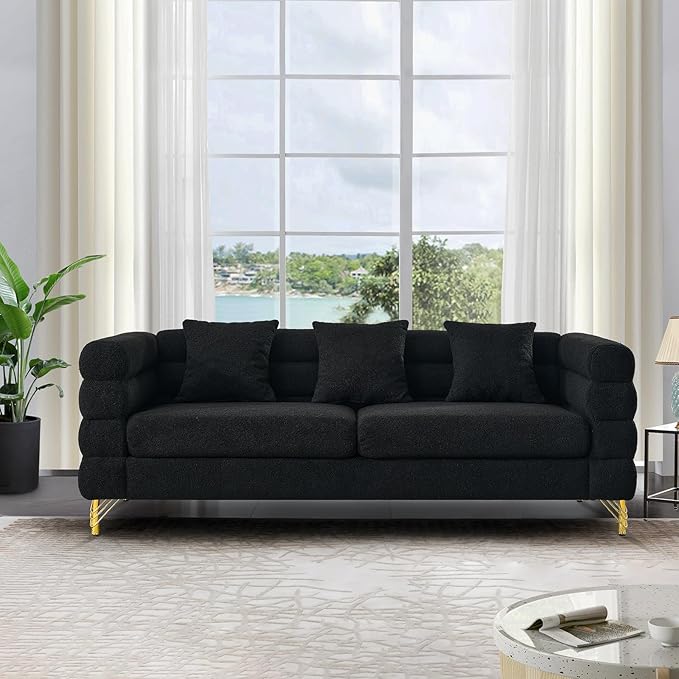 Antetek 81-inch Couches + 60-inch Loveseat Sofa for Living Room Modern Teddy Fabric Upholstered Sofa Couch with Square Arm and 4 Golden Metal Legs for Living Room Office Apartment