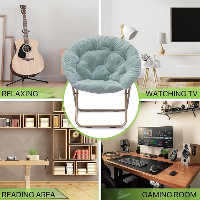 Magshion Folding Saucer Chair for Adults with Ottoman Circle Reading Chair for Bedroom Living Room &amp Dorm Furry Comfy Accent Seat with Metal Leg &amp Thick Padded for Small Spaces (Teal 2 Pac