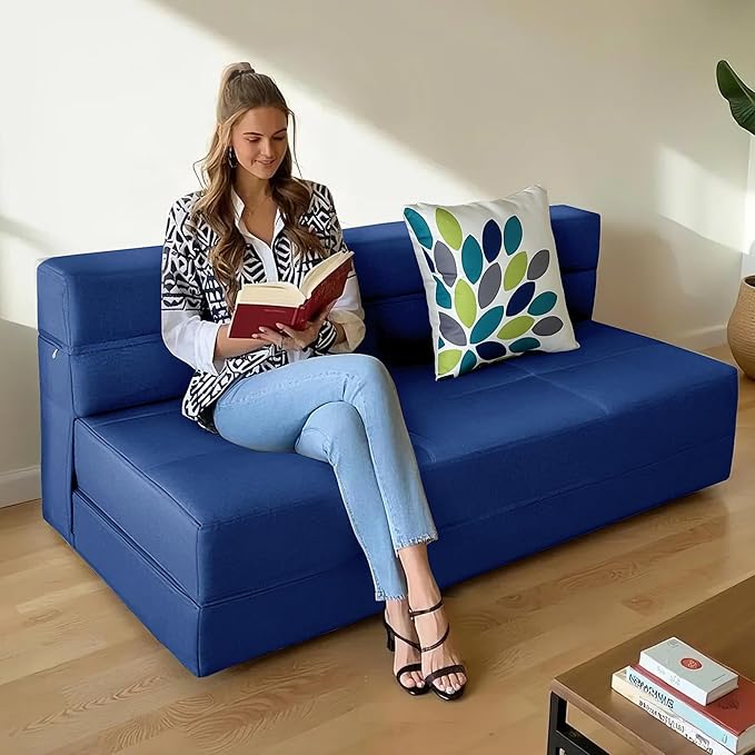 ARTPLAN Convertible Folding Sofa Bed High-Density Memory Foam Sofa with a Fluffy Pillow Modern Futon Floor Couch Guest Twin Bed for Living Room/Dorm/Guest Use/Home Office/ApartmentDark Blue