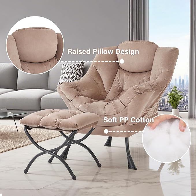 Tiita Lazy Chair with Ottoman Khaki Modern Large Accent Chair Comfy Leisure Sofa Armchair with Ottoman Reading Chair with Footrest for Bedroom Living Room Dorm Rooms Velvet Khaki
