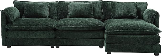 kevinplus 112'' Sectional Sofa Couch with Convertible Ottoman for Living Room Modern Contemporary 3-Seat L-Shape Sofa Couch for Apartment Home Office Thick Cushion &amp Boucle Fabric Green