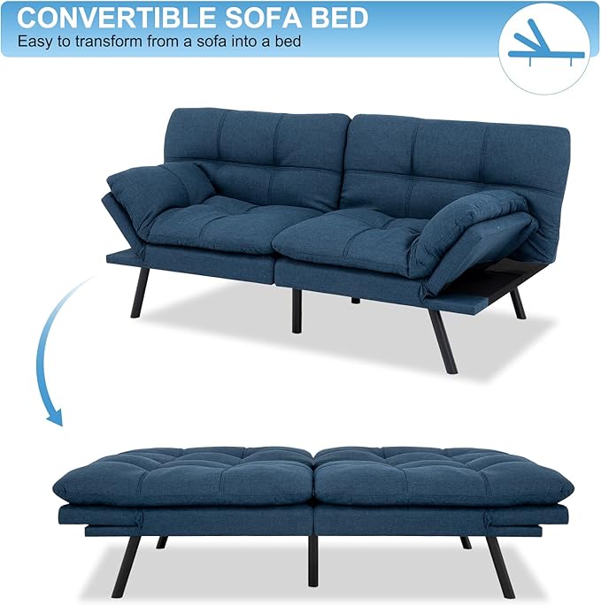 MUUEGM Futon Sofa Bed Couch Sofa Memory Foam Futon Sleeper Sofa Loveseat Convertible Couch Bed for Small Compact Spaces Apartment Blue.