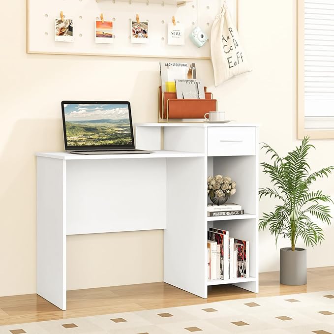 COSTWAY Computer Desk with Printer Shelf Modern PC Workstation with Storage Drawer and CPU Stand 40.5” Writing Desk with Cable Hole for Home Office/Dorms/Apartments White