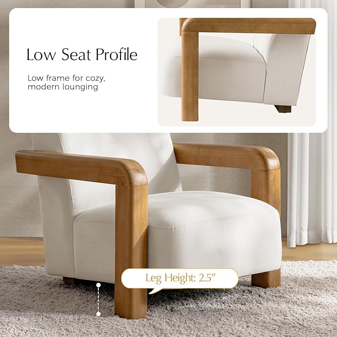HULALA HOME Boucle Accent Chair Modern Low-Profile Leisure Armchair with Thick Padded Seat Cushion Solid Wood Frame &amp Curved Armrests Ideal for Living Room/Bedroom/Reading Corner(White)