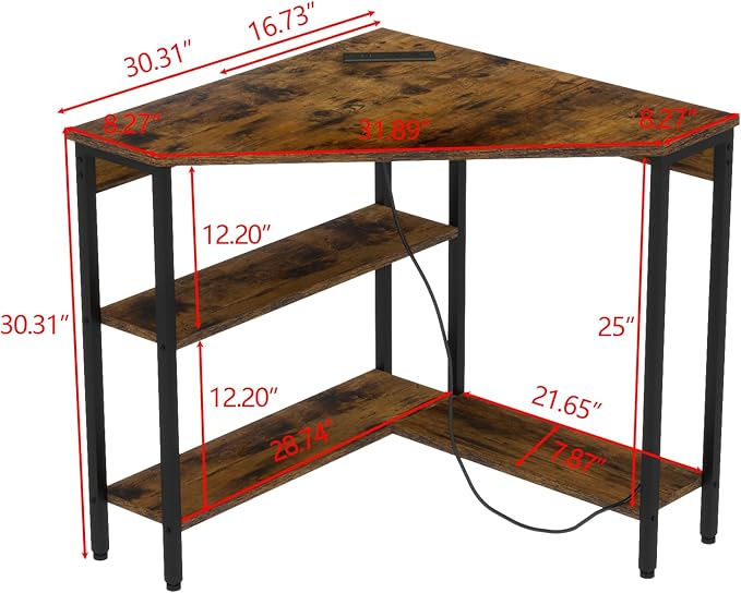Auromie Corner Desk with Outlets &amp USB Ports 90 Degree Triangle Corner Table with CPU Stand &amp Storage Shelves for Small Space Computer Table with Charging Station for Home Office Bedroom (Ru