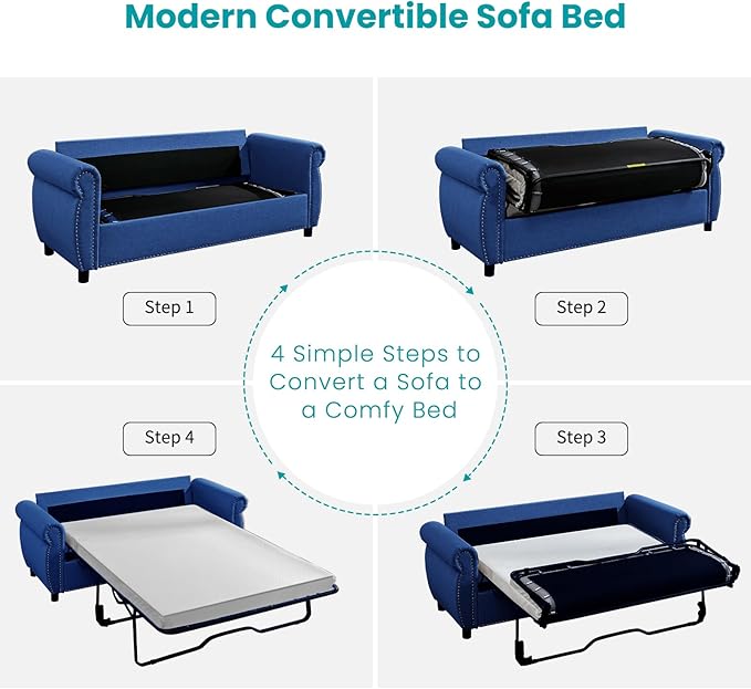 BALUS Pull Out Sofa Bed 2-in-1 Sleeper Sofas Convertible Couch Bed with Nailhead Armrests &amp Memory Foam Mattress Linen Pullout Sofa Beds with Thickened Cushions for Living Room Blue Full Size