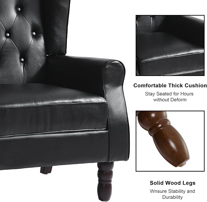 Accent Chair Upholstered Armchair with Button Tufted High Back &amp Solid Wood Legs Comfy Wingback Reading Single Sofa Chair for Small Spaces Living Room Bedroom - Leather Black Set of 1