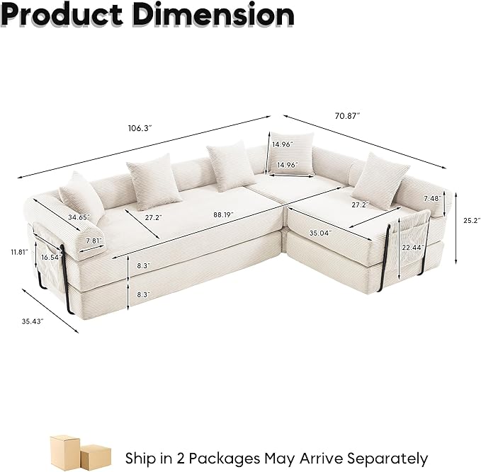 L Shape Convertible Sofa Bed with Cylindrical Pillow and Storage Pocket Convertible Sofa Couch Bed with Support Frame for Living Room Bedroom Children Room-Beige