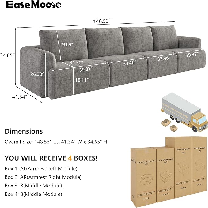 EASE MOOSE Boneless Couch for Living Room Modern Sectional Cloud Sofa Modular Cloud Couch 4-Seat Deep Extra Large Sofas for Bedroom Apartment No Assembly Required Chenille (Light Grey)