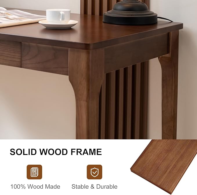 Solid Wood Desk with Drawers Home Office Desk for Small Spaces Gaming Work Study Desk Student PC Desk for Bedroom Easy to Assemble (Walnut Color 39.4 inch)