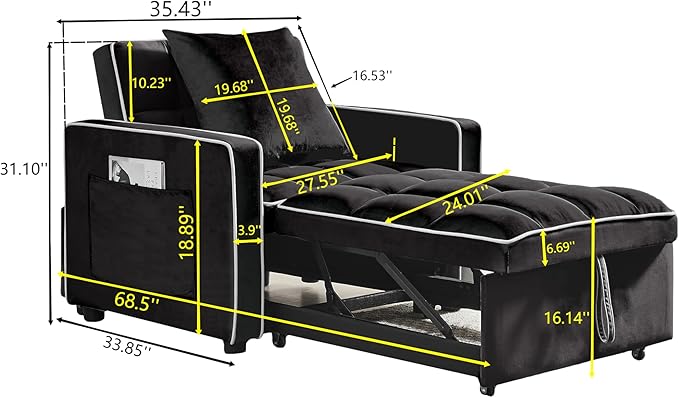 3-in-1 Futon Couch Sofa Bed Chair Convertible Sleeper Sofa with Pull-Out Bed Folding Sofa Bed with Reclining Backrest and Side Pocket Sofa Recliner Single Bed Adult Modern Chair Bed Berth (Black)