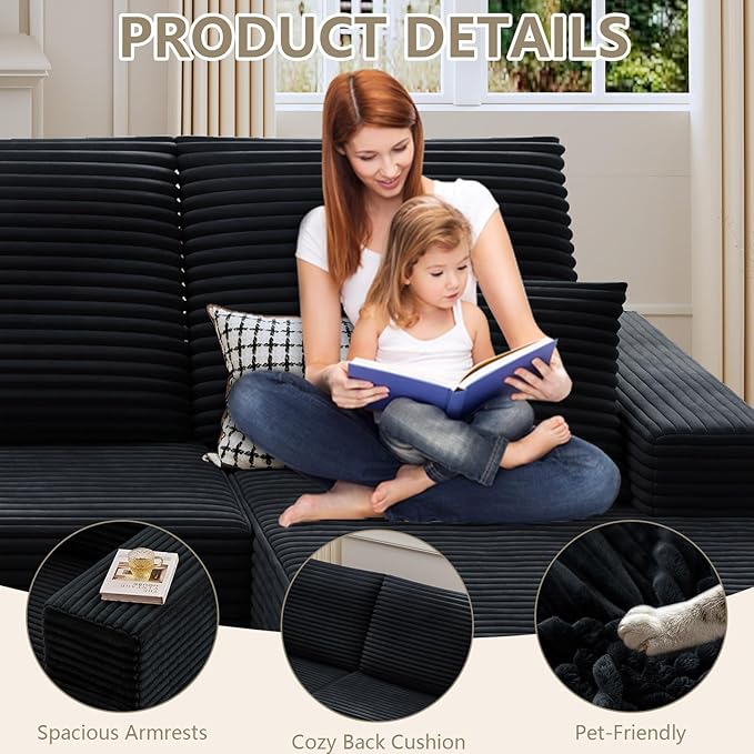 107 Cloud Sectional Couch with U-Shaped Chaise Corduroy Sectional Sofa with Ottoman Boneless Couch with Deep Seat in a Box for Living Room No Assembly Required (Black Right Facing Chaise)